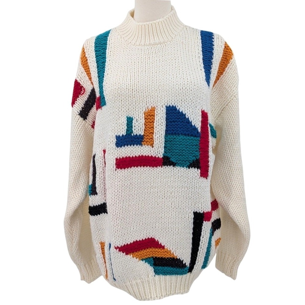 Vintage Abstract Geometric Chunky Knit Sweater Size L Art Deco Style‎
